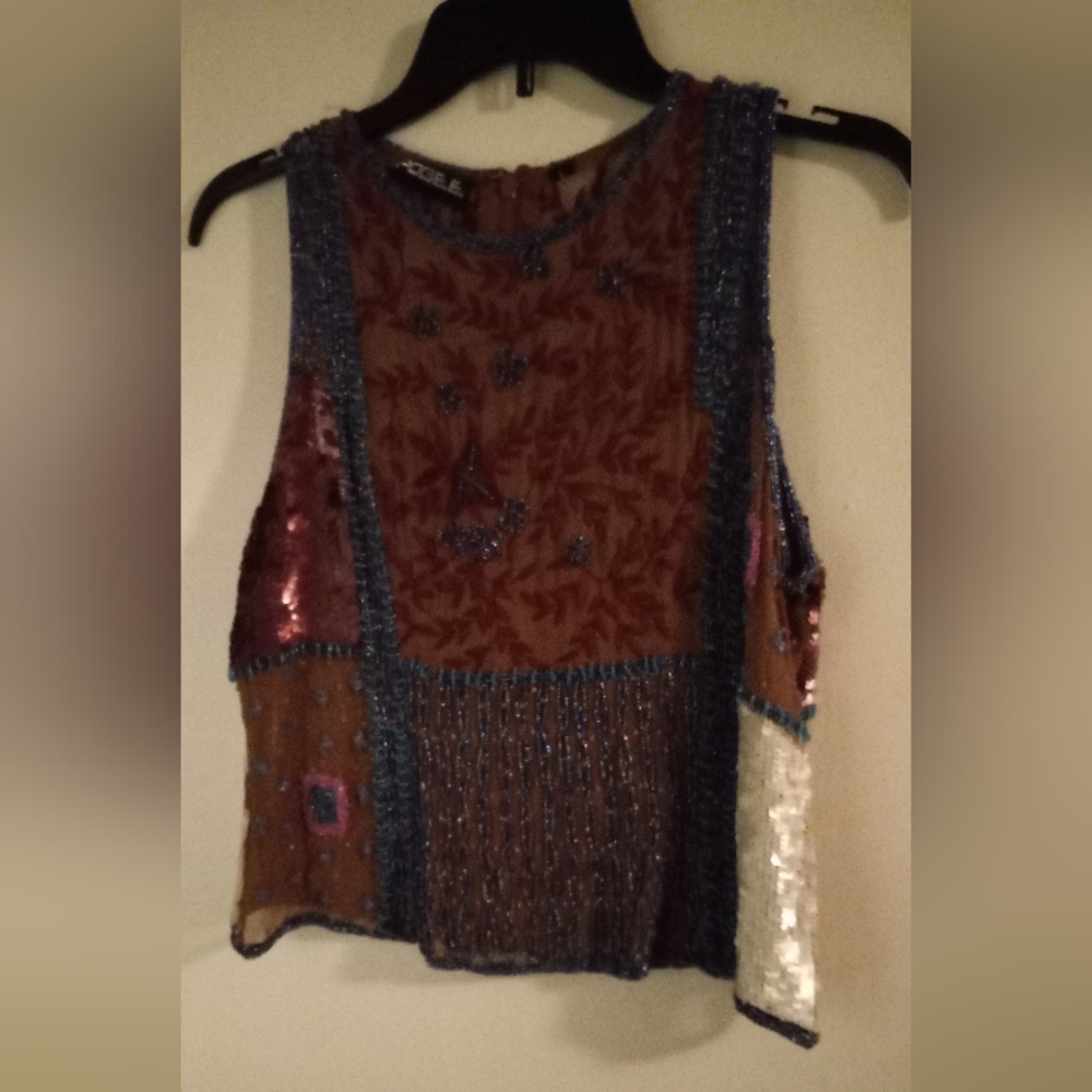 Embellished Patchwork Crop Top in Brown - Picture 3 of 5